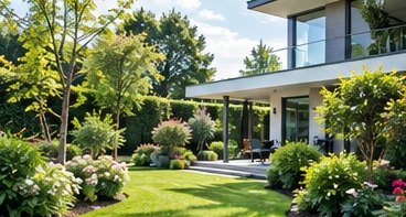 Gepflegter Garten mit Rasen und Beeten vor einem Wohnhaus (Beispielbild)